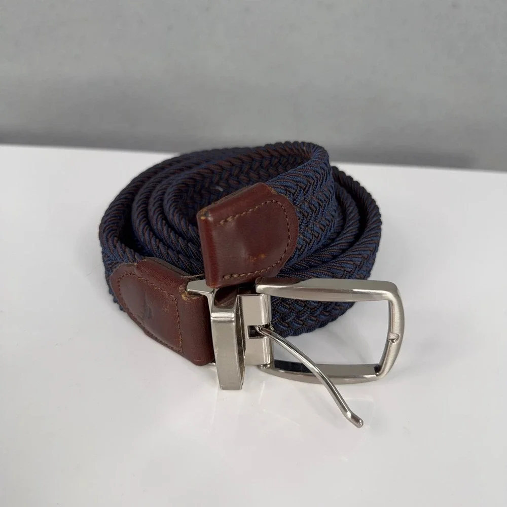 Tommy Bahama Belt Mens L/XL Blue Brown Braided Woven Leather Trim Casual Coastal
